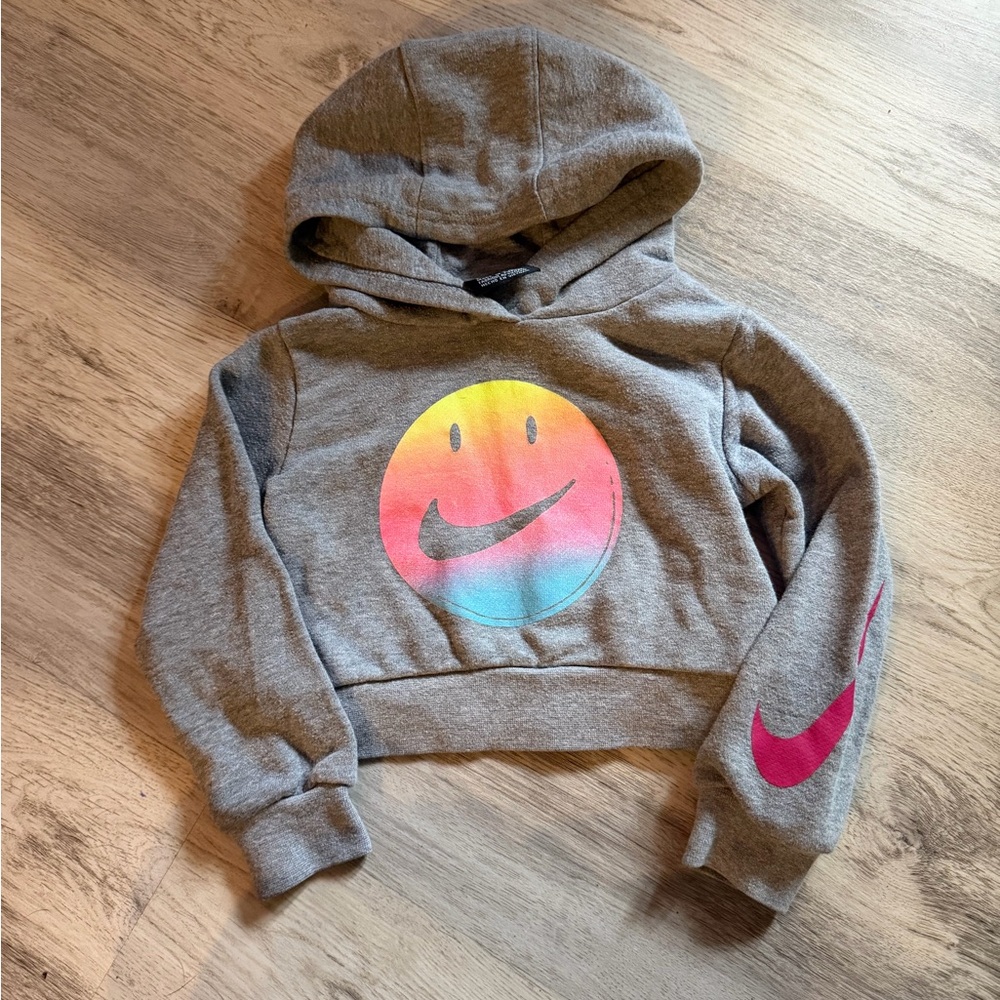 Nike Kids Heather Gray Cropped Hoodie with Rainbow Smiley and Pink Swoosh 2T